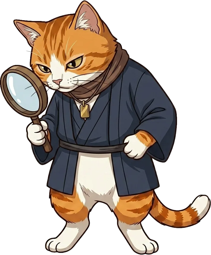 拡大鏡で検分する猫侍